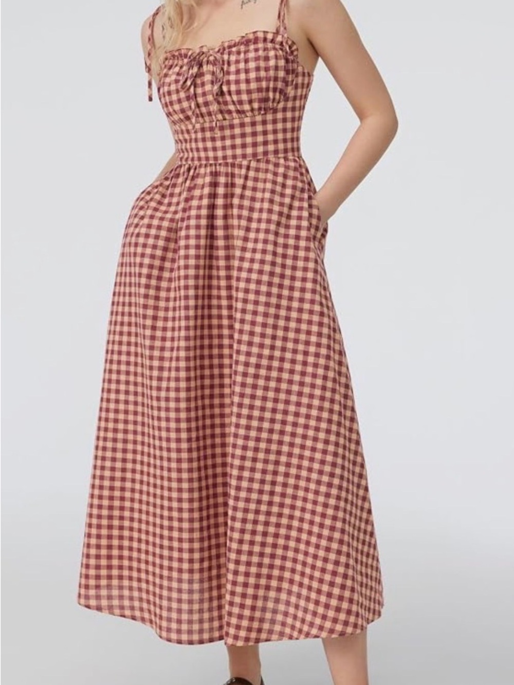 SOLD ❌ Cider Burgundy and Beige Gingham Tie-Shoulder Maxi Dress with Bow Front - Picture 2 of 9